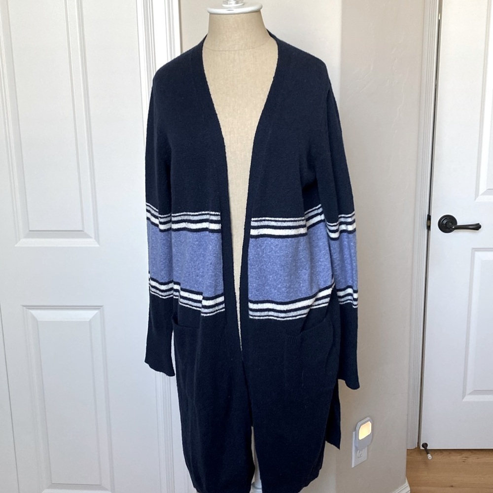 Lucky Brand striped open front Longline Cardigan Women’s pockets Sz M Fall Warm